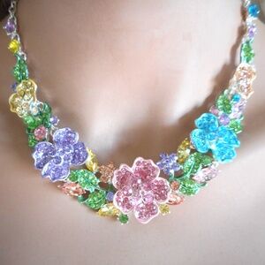 Flower Crystal Necklace Earring Set Soft Pastels